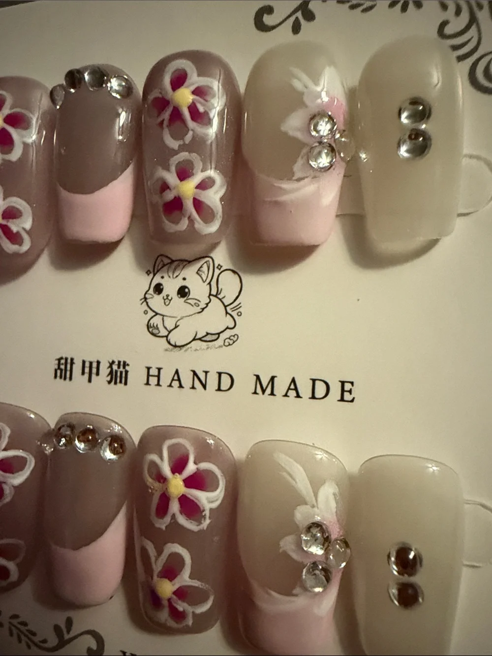 Hand Made Floral Pink & Cream Press-On Nail Set